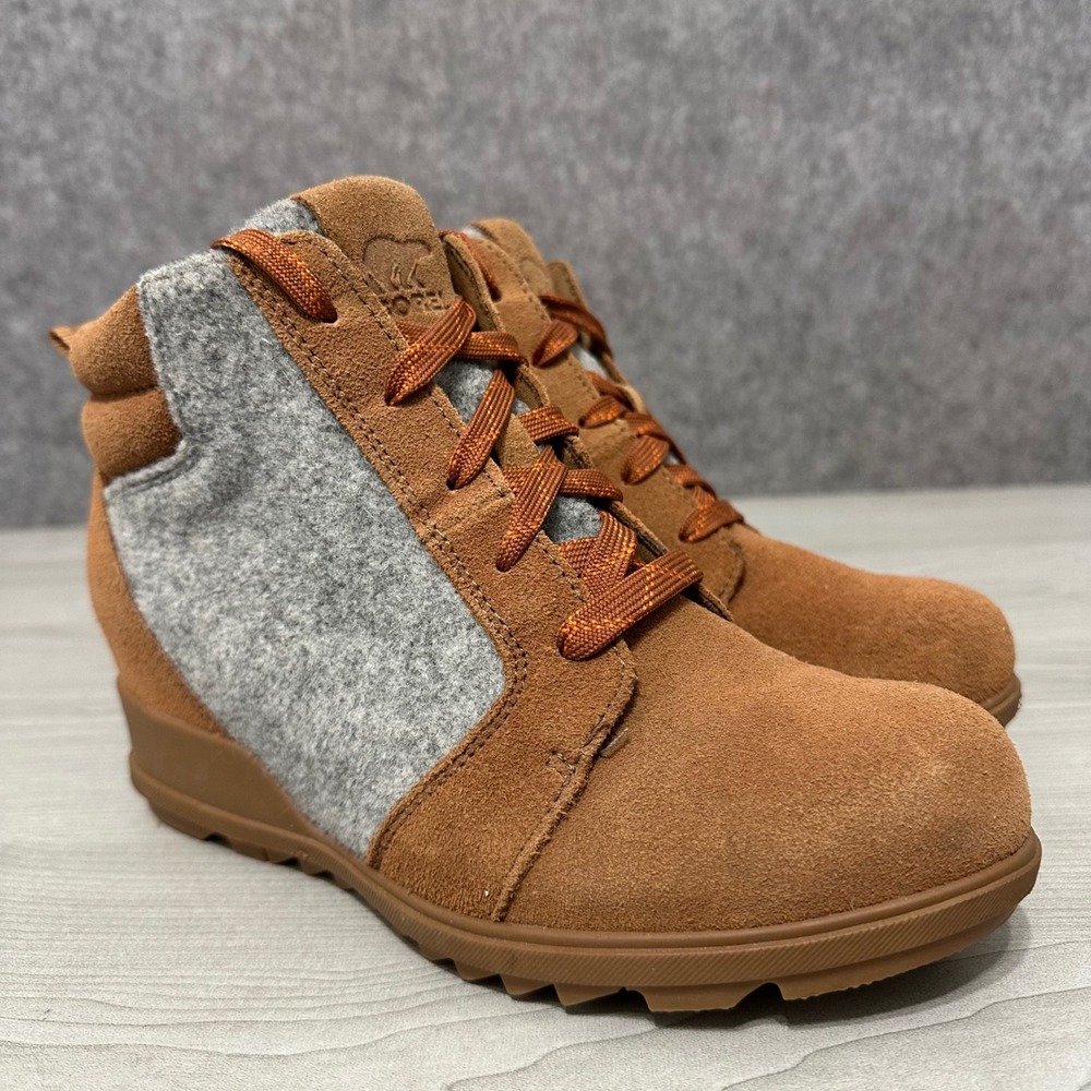 Sorel Evie Ankle Lace Boot‎ Womens 7.5 Brown Grey Suede Felt Wedge NL4926-242